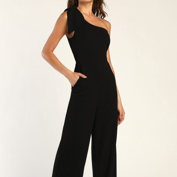 Lulus Loveliest Style Black One-shoulder Wide-leg Jumpsuit - Size L - Picture 1 of 1